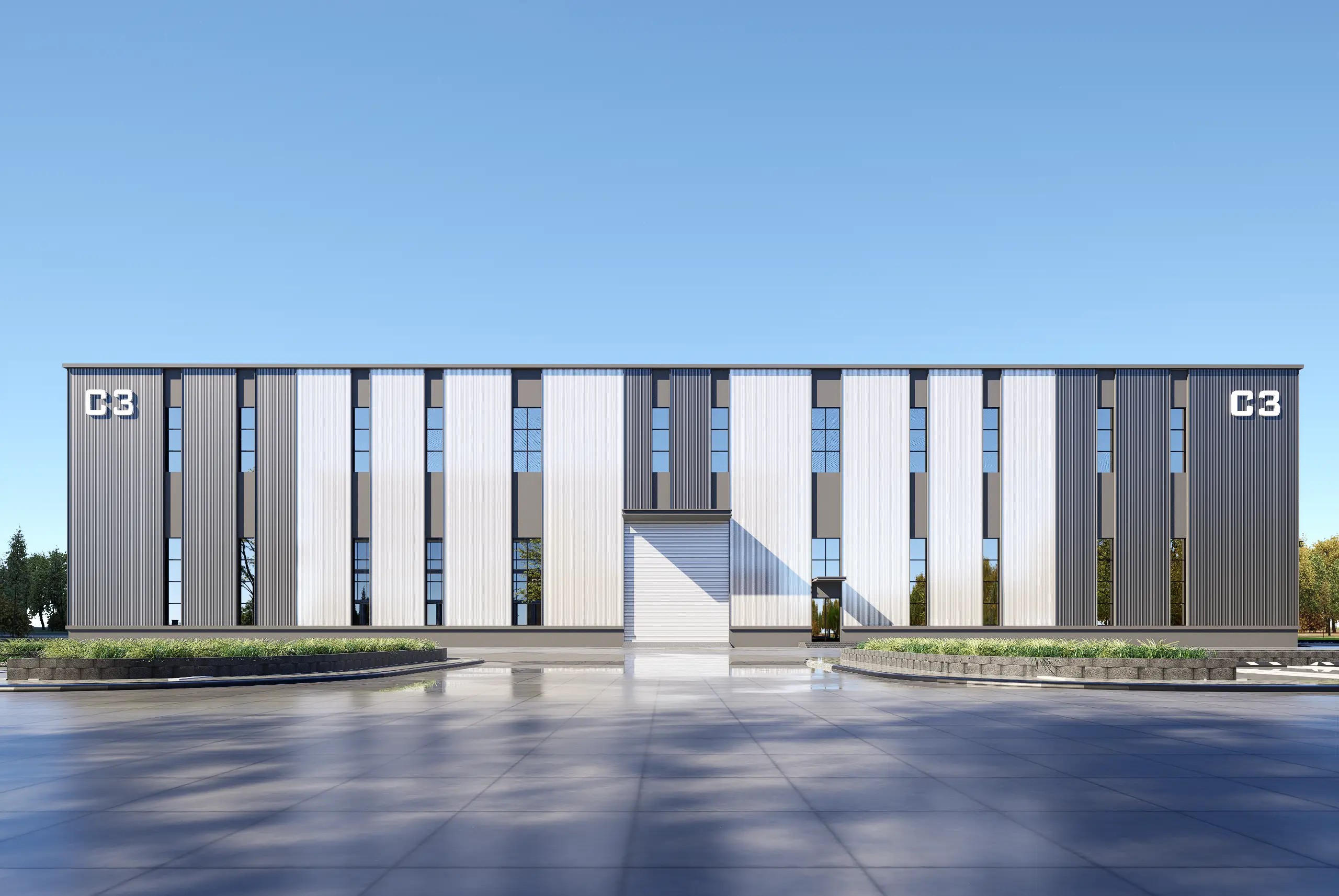 Front facade 3D rendering of the modern steel warehouse